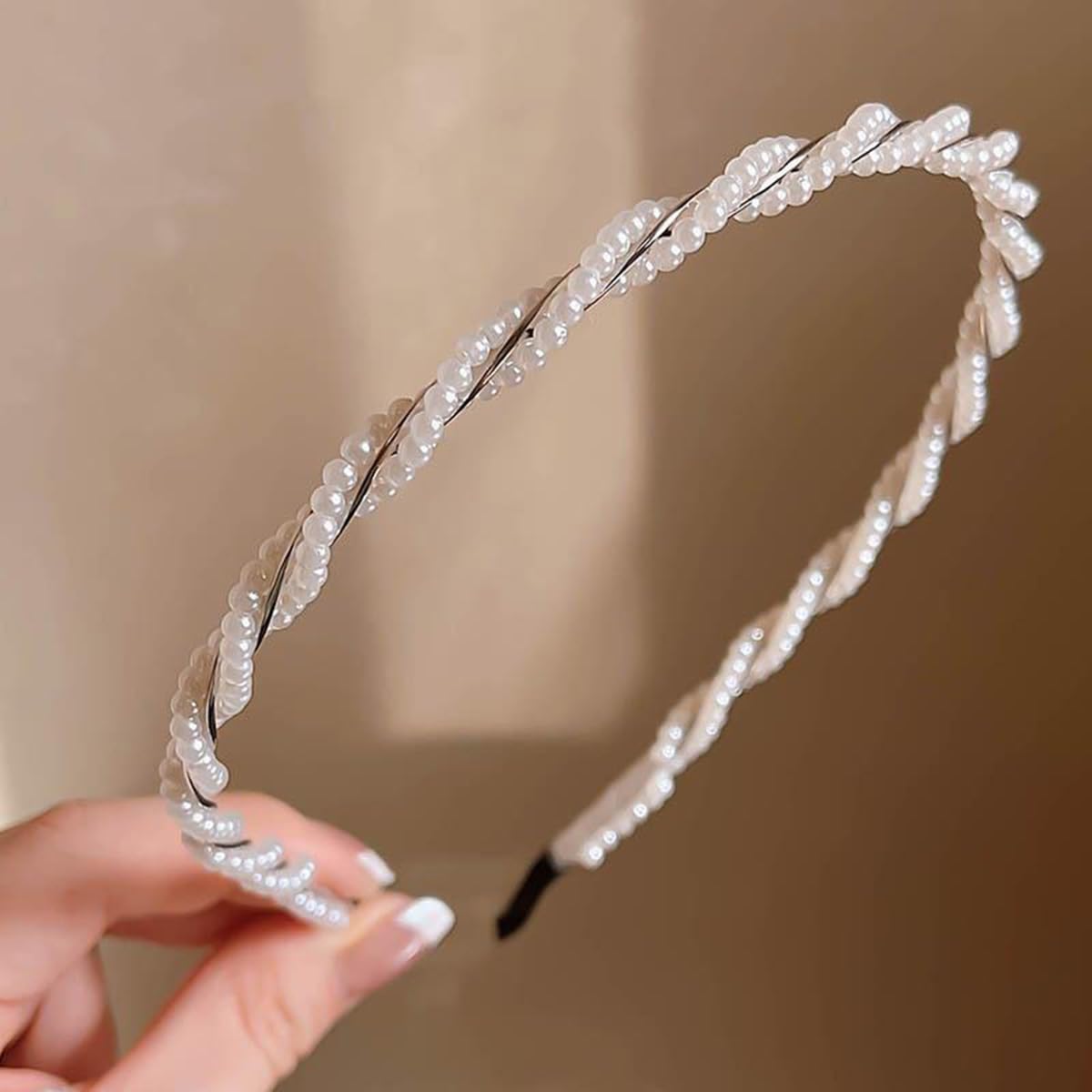 S.A.V.I Women’s Pearl Beaded Hairband | White Twisted Design, 12x14 cm Lightweight Headband | Elegant Faux Pearl Hair Accessory for Parties, Weddings & Daily
