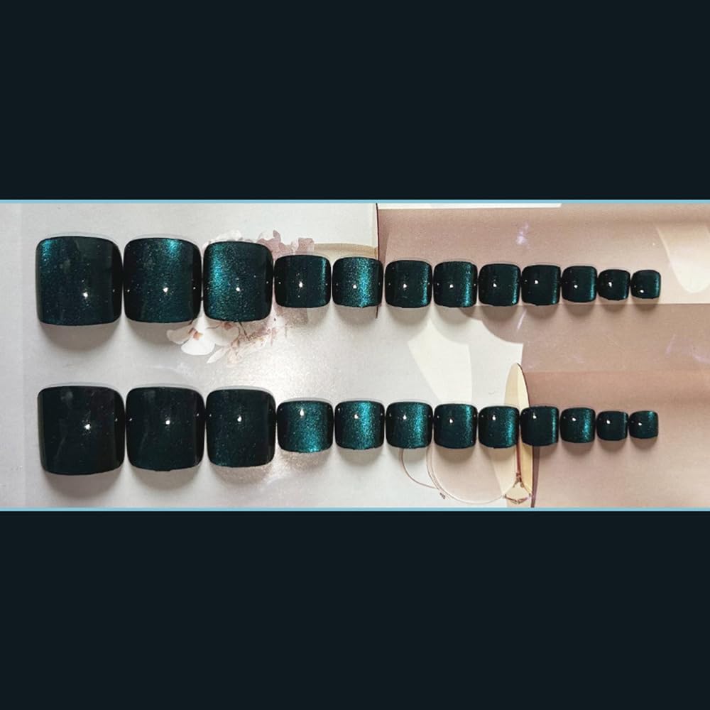 S.A.V.I Beauty Nail Blue Cat’s Eye Toe Fake Nails Set | 24 Pcs Glossy Square Shape Press On Toenails | Durable Acrylic, Reusable DIY Nail Art Pedicure Kit for Women & Girls