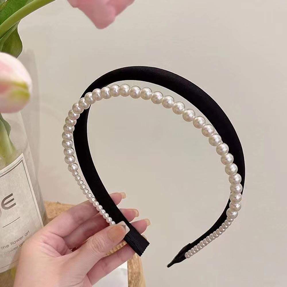 S.A.V.I Women's Black Velvet Hairband with Faux Pearls | Wide Padded Headband for Girls & Women | Elegant Hair Accessory for Wedding, Party & Daily | Comfortable & Stylish Look