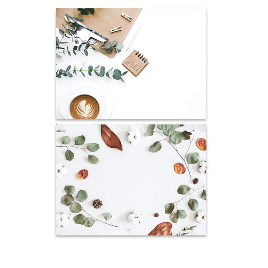 SAVIAURA 1 Sheet 2 in 1 Photography Backdrop 3D Flat Lay Tabletop Double-Sided Photo Background PVC Wrinkle-Free Small Products Photo Shoot (#22- White Background with Leaves & Coffee)