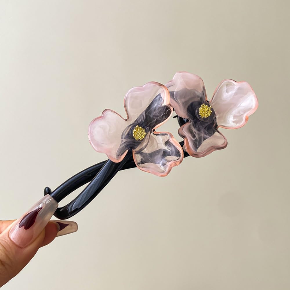S.A.V.I Trending Pink Flower Hair Clip for Women & Girls | Elegant 12.7 cm Long Black Plastic Hairpin with Dual Resin Floral Design | Durable Grip Stylish Hair Accessory for Party, Wedding, Daily
