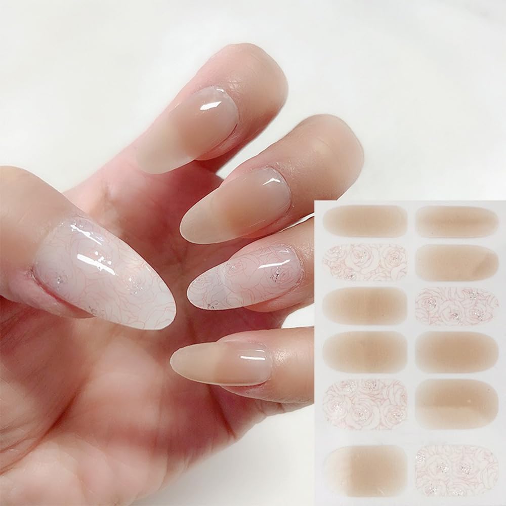 S.A.V.I Gel Nail Stickers, 12 PCS - Nude  White with Rose Print, Full Nail Art Decals, Long-Lasting Wear, Easy to Apply  Remove