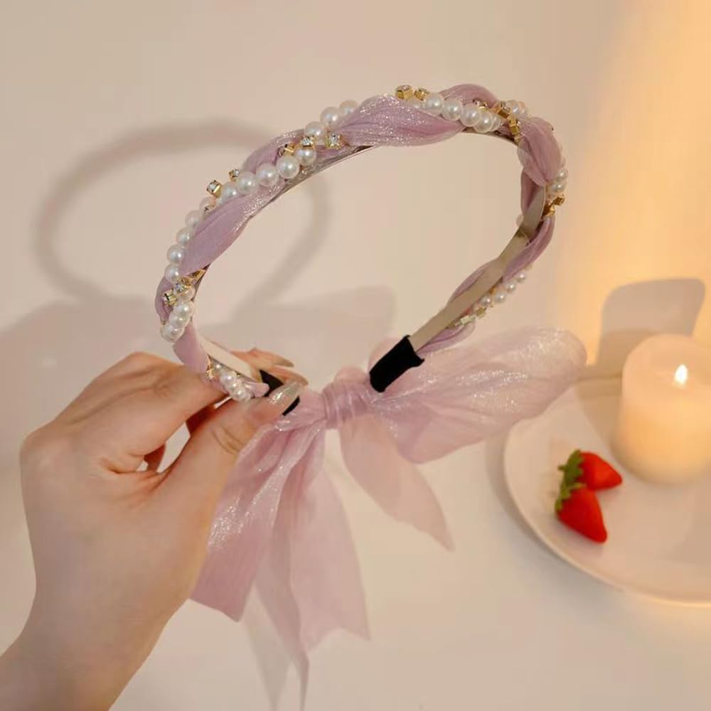 S.A.V.I Pink Pearl & Rhinestone Embellished Headband for Women & Girls | 51cm Soft Satin Ribbon Hairband | Stylish Hair Accessory for Weddings, Parties, Festive