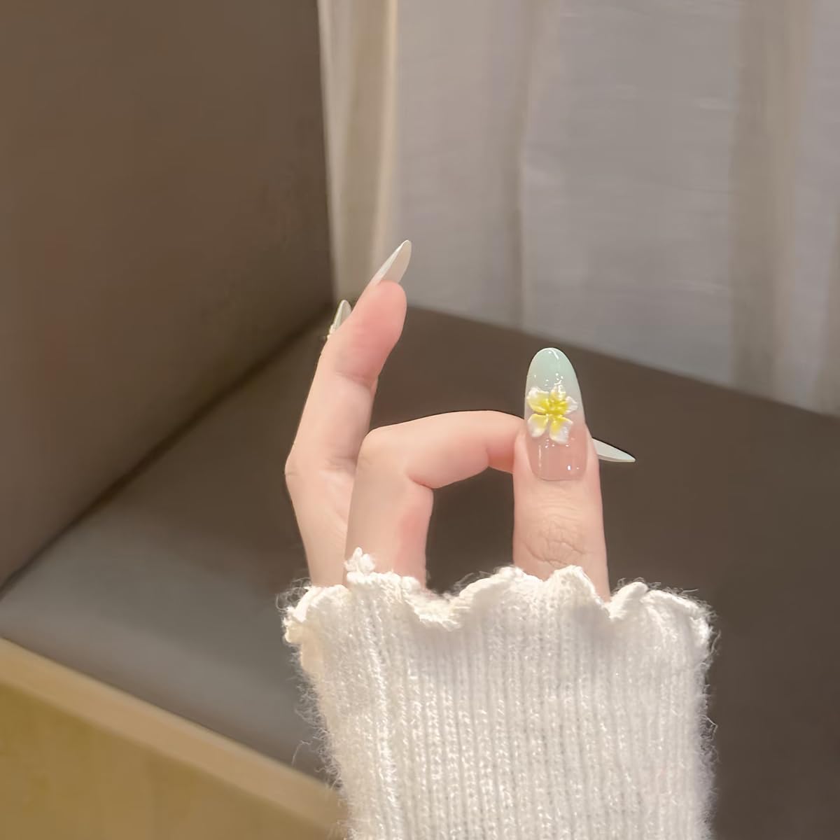 S.A.V.I 24 Pcs Long Almond Artificial Nails for Women & Girls | Gradient Nude & Green Press On Nails with 3D Flower Design | Reusable False Nail Tips with Glue & Adhesive Tabs | DIY Nail Art Set