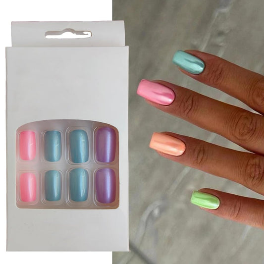 S.A.V.I Press-On Nails - 24 PCs Medium Square, Multicolor Fake Nails Set with Adhesive Tabs  Glue