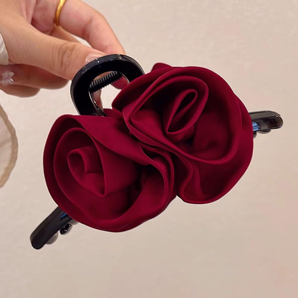S.A.V.I Red Rose Hair Claw Clip for Women & Girls | Elegant Fabric Flower Design | Strong Grip Clutcher with Metal Spring | Stylish Hair Accessory for Daily, Wedding & Party (5.1 Inch)