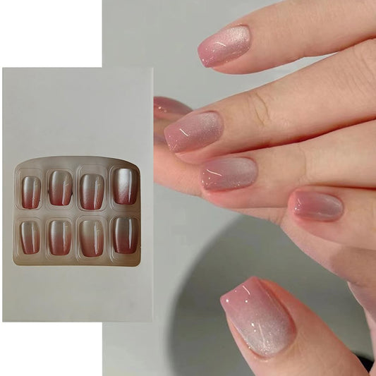 S.A.V.I 24 PCs Short Square Gradient Nude Cat Eye False Nails | DIY Natural-Looking Nail Extensions | Delicate  Comfortable | Easy Application | Long-Lasting Design for All Occasions