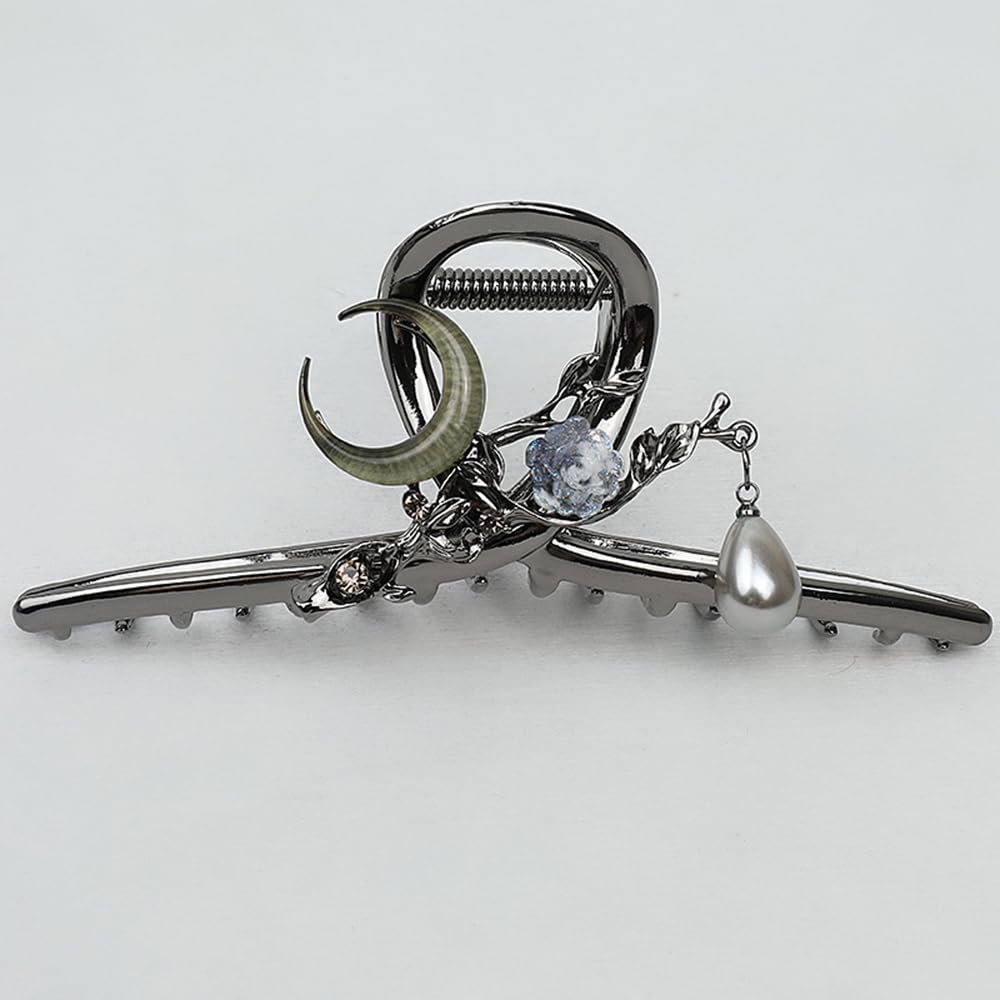 S.A.V.I Gun-Black Big Hair Claw Clip for Women (11.5 cm) | Metal Clutcher with Moon, Rose & Pearl Charms | Strong Grip U-Shape Hair Accessory for Thick Hair, Bun, Office & Party