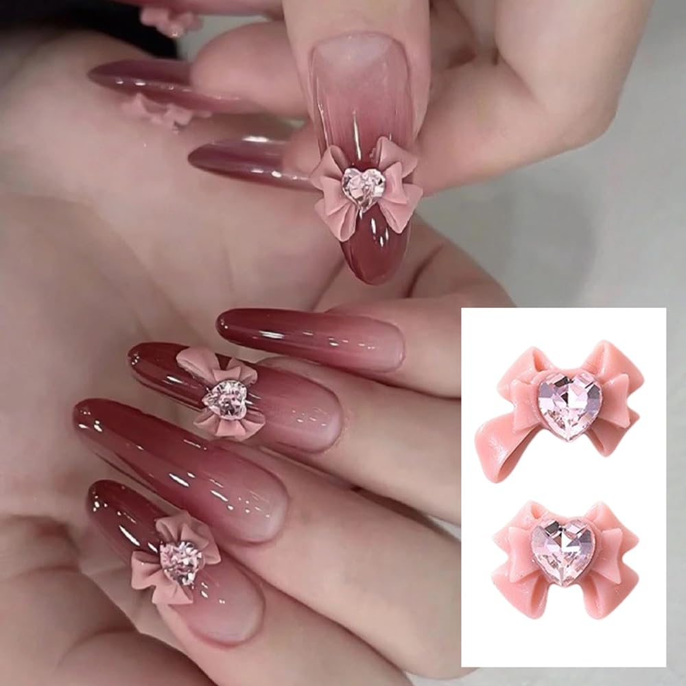 S.A.V.I 3D Pink Bow Nail Art Charms, Heart Rhinestone Resin, Pack of 10 – Big Bow Nail Accessories, 2 Designs, DIY Manicure Decorations for Girls & Women