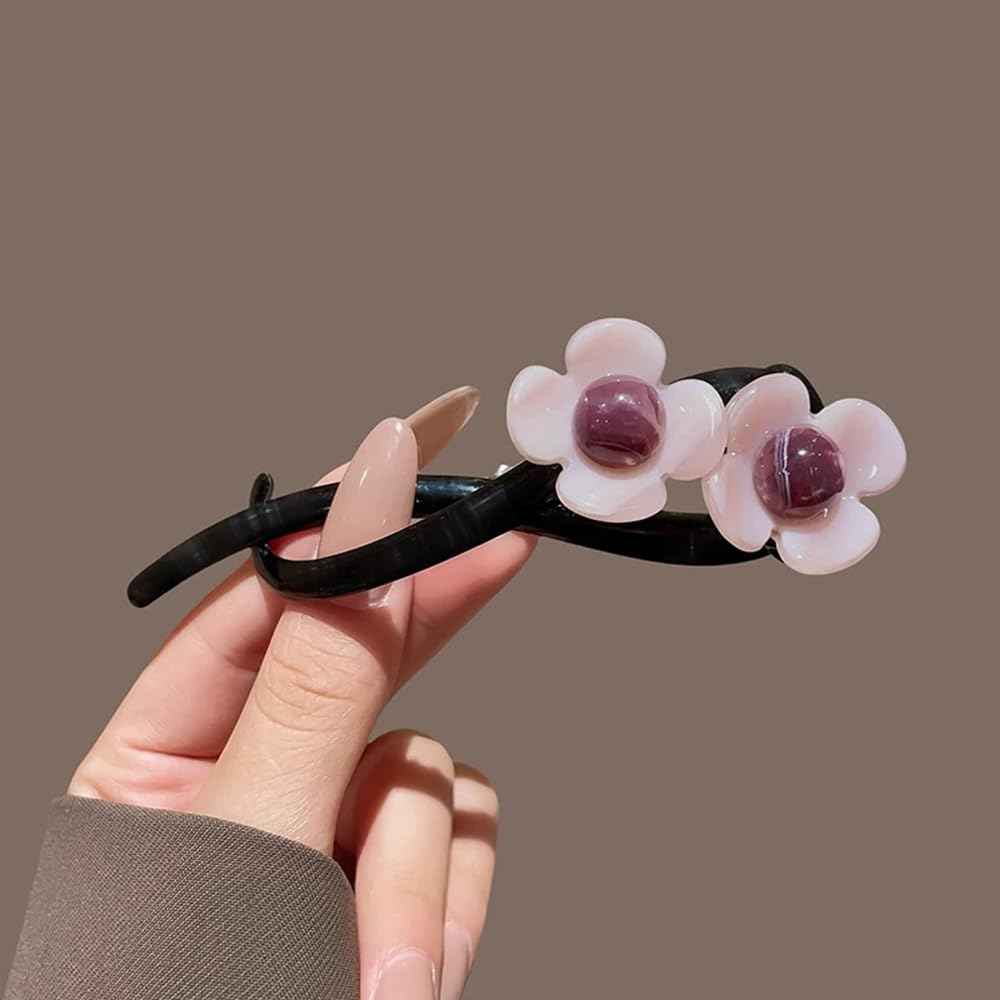S.A.V.I Stylish 11cm Pink Floral Hair Clutcher for Women | Black Acrylic Hair Clip with Dual Flower Design | Strong Grip Clutch for Daily, Office, Casual & Party Hairstyles
