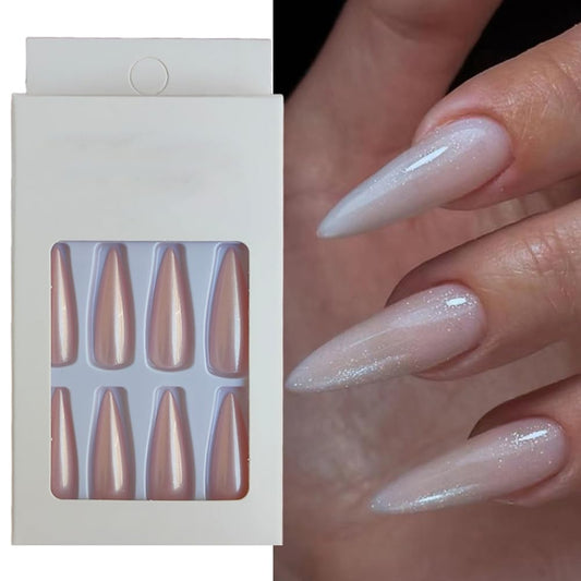 S.A.V.I Aurora Nude 24 PCs Press-On Nails - Long Stiletto Pointed, Includes Adhesive Tabs  Glue