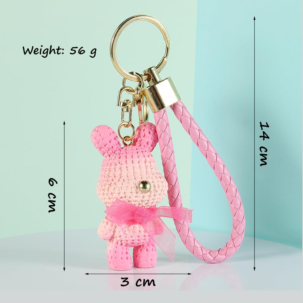 S.A.V.I Cute Pink Bunny Resin Keychain with Bow & PU Leather Strap | Stylish Golden Ring & Bell Charm | Bag, Purse & Car Key Holder for Girls & Women – Lightweight 56g (6cm)