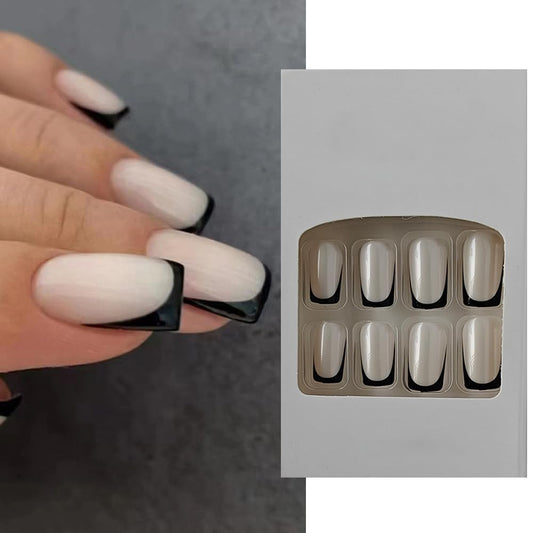 S.A.V.I 24 PCs Reusable Medium-Length Square Shape White and Black French Manicure Press-On Fake Nails - DIY Manicure, No Liquid Glue Included - Stylish, Quick, and Easy Nail Art