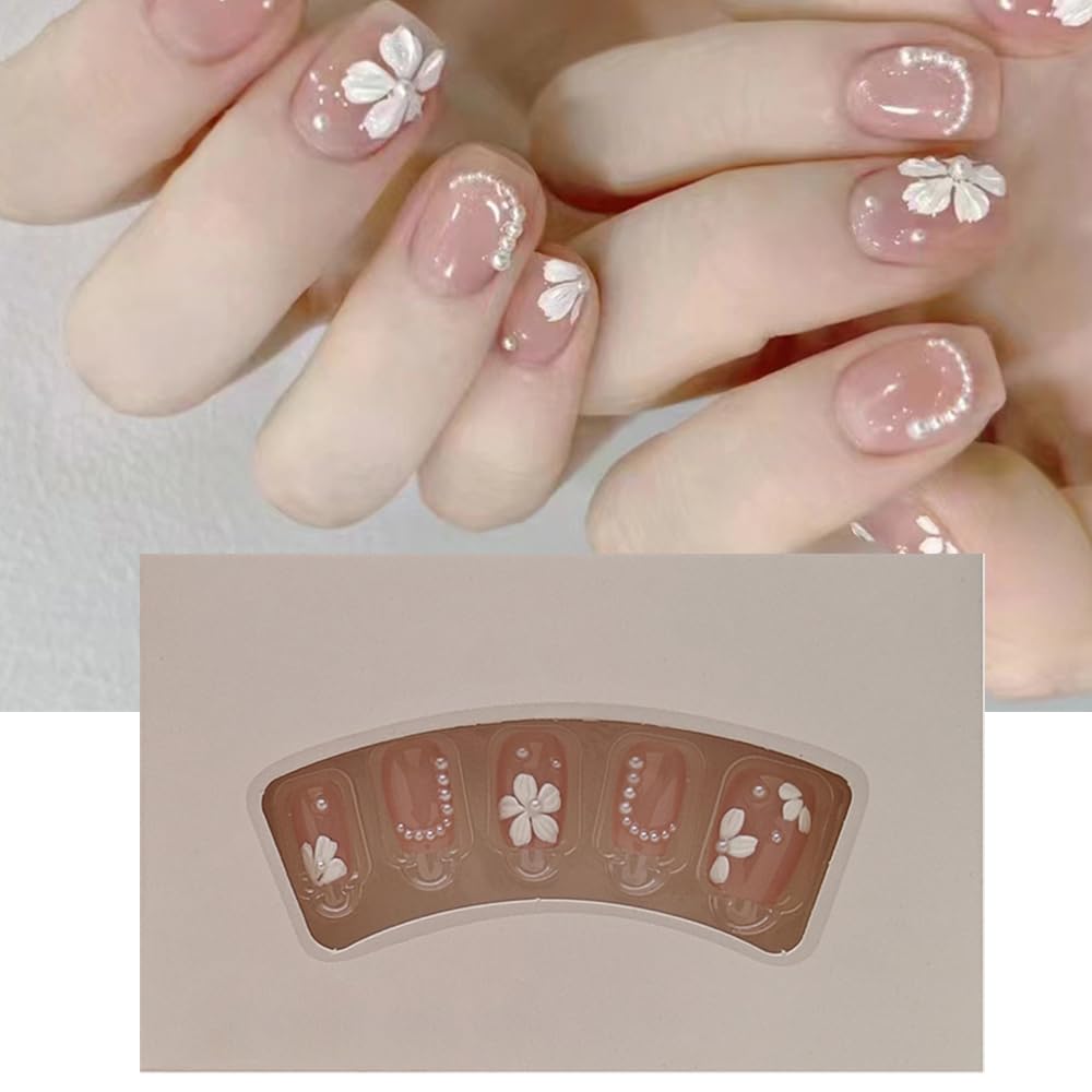 S.A.V.I 30 Pcs Short Natural Nude Fake Nails with 3D White Flowers & Pearls | Reusable Press-On Nail Tips | Glue & Adhesive Tabs Included | Salon-Perfect Manicure at Home