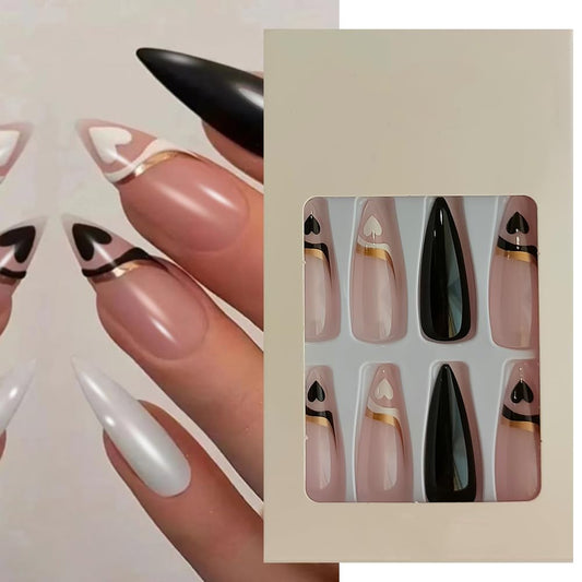 S.A.V.I 24-Piece Heart Print Stiletto Fake Nails - Long, Press-On Manicure with Glue  Adhesive Tabs, Stylish  Durable