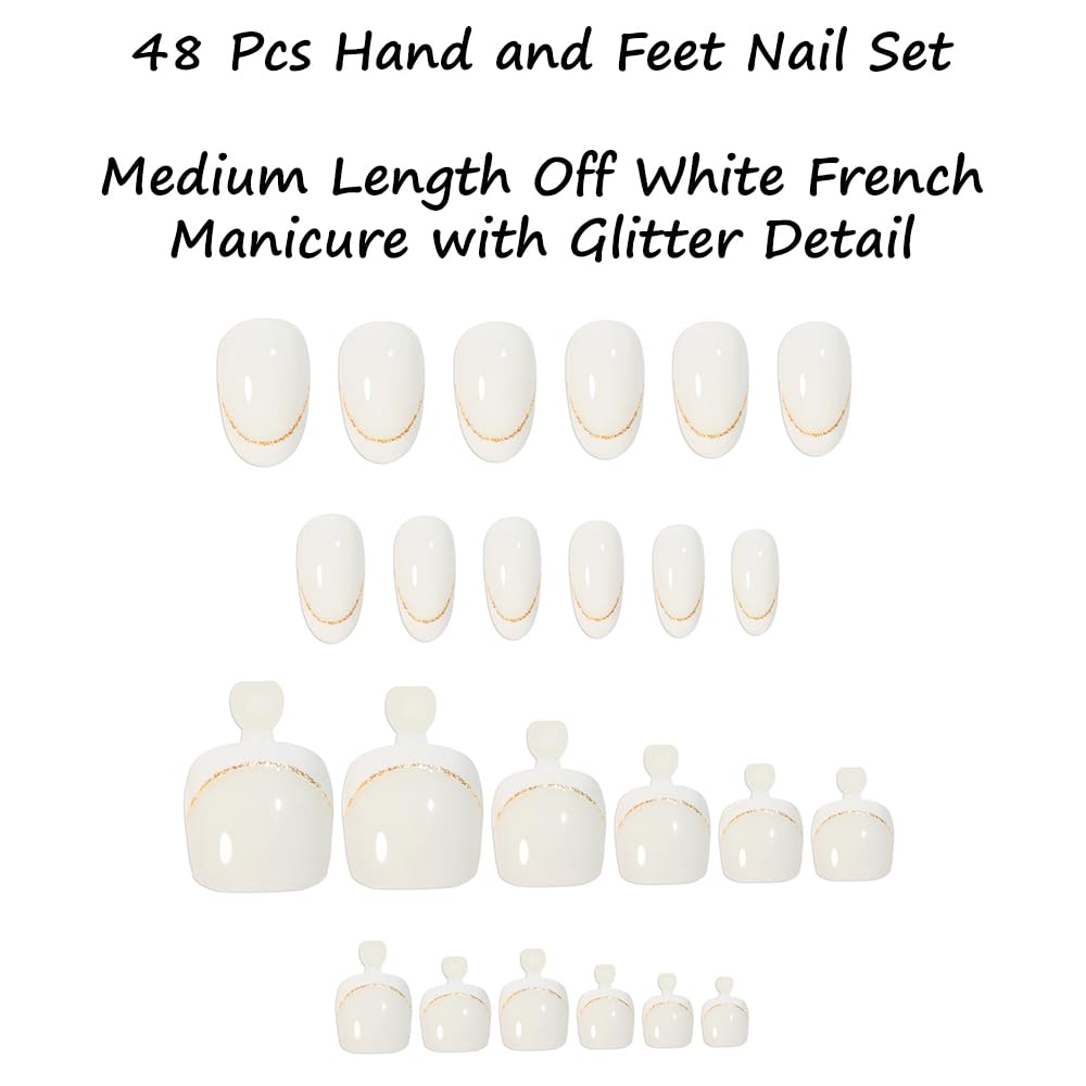 S.A.V.I 48 Pcs Off White French Tip Press On Nails Set for Hands & Feet | Medium Oval & Square Shape | Gold Glitter Line | Reusable Nail Art Kit with Adhesive Tabs & Nail File