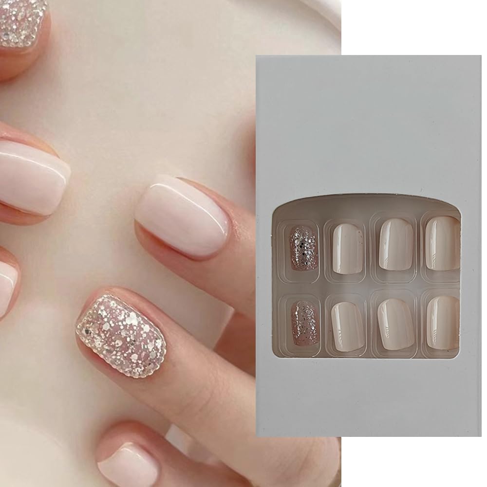 S.A.V.I 24 PCs Reusable Short Natural Shape Milky White  Silver Glitter Press-on Fake Nails - DIY Manicure Set, Easy to Apply, Long-Lasting, For Any Occasion