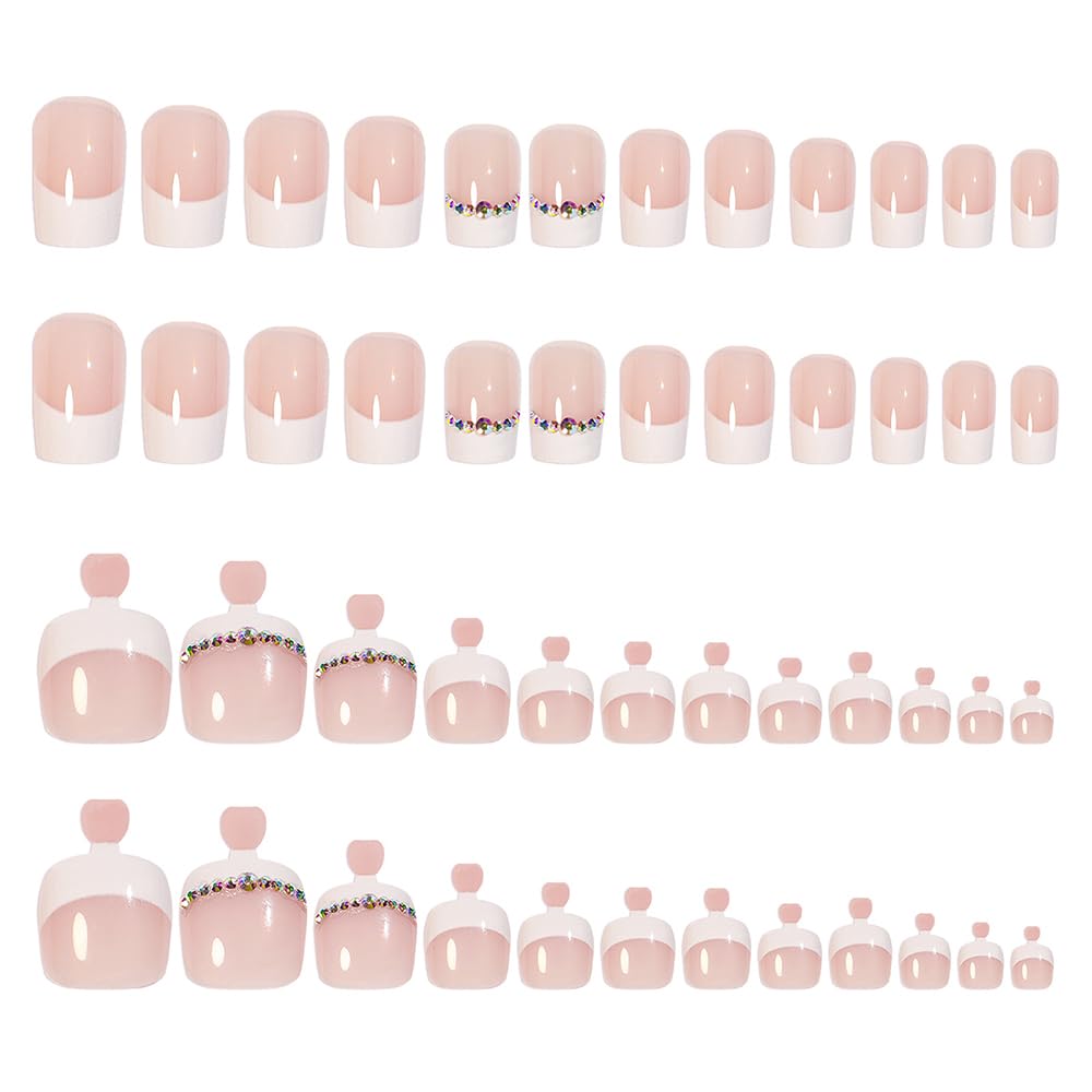 S.A.V.I 48 Pcs French Tip Fake Nails for Hands & Feet | Nude Pink White Press On Nails with Rhinestones | Medium Square Shape | Reusable Nail Art Kit for Women & Girls | Manicure Set