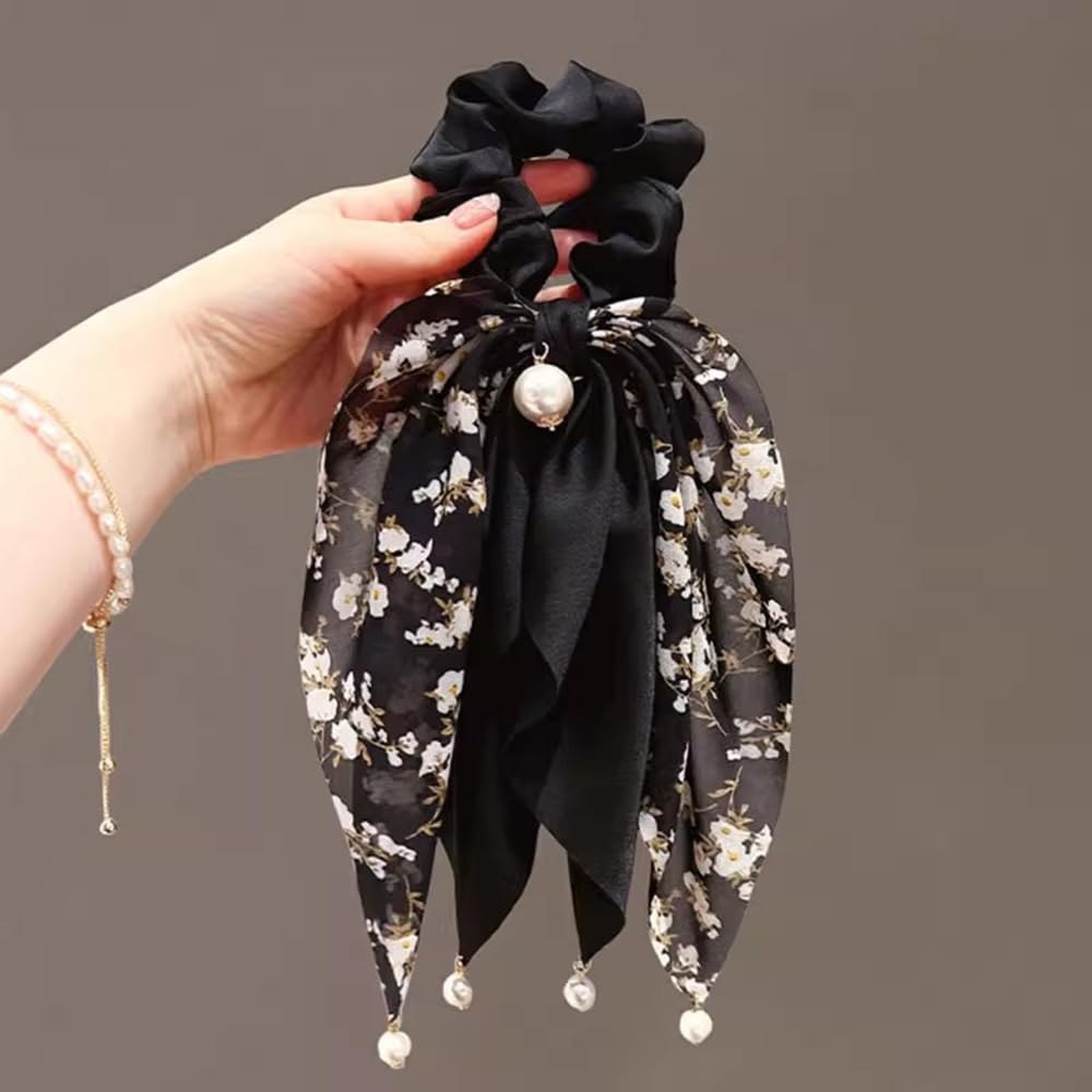 S.A.V.I Black Floral Hair Scrunchie for Women & Girls | Satin & Chiffon Bow with Pearl | Stylish Ponytail Holder | Elegant Rubber Band for Daily, Party & Ethnic | 24x12 cm