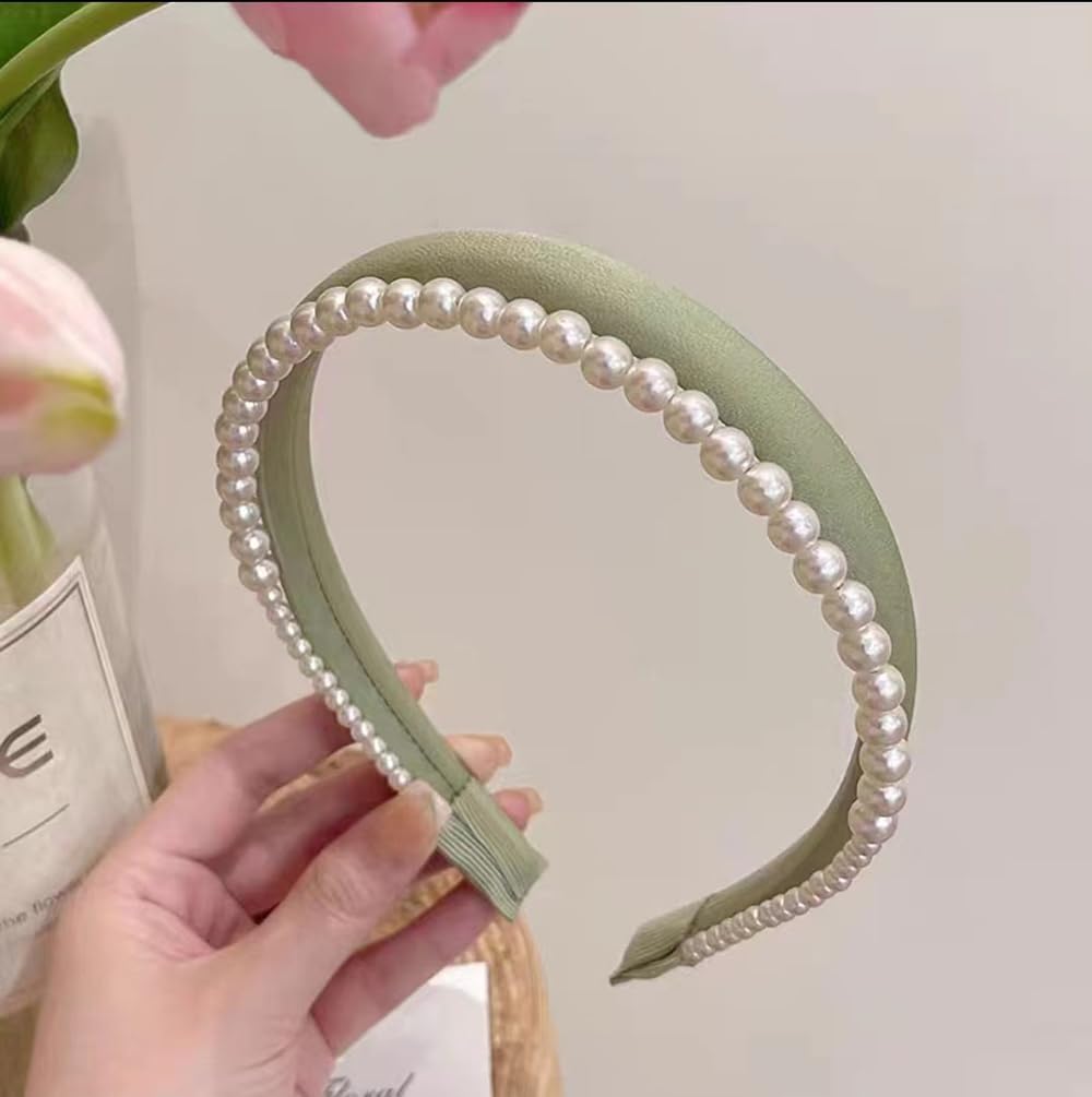 S.A.V.I Women’s Green Satin Hairband with Pearls | Stylish Double Layered Padded Headband for Girls | Trendy & Comfortable Hair Accessory for Daily, Weddings, Parties & Gifting