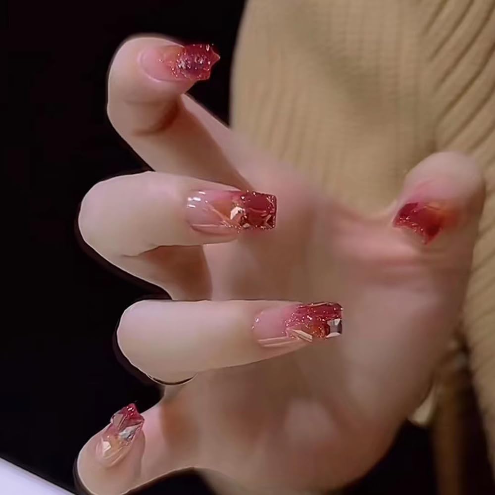 S.A.V.I 24pcs Square Medium Length Nude & Red Glitter Fake Nails with Rhinestones | Reusable Salon-Quality Nail Art| Includes Glue & Adhesive Tabs for DIY Manicure at Home