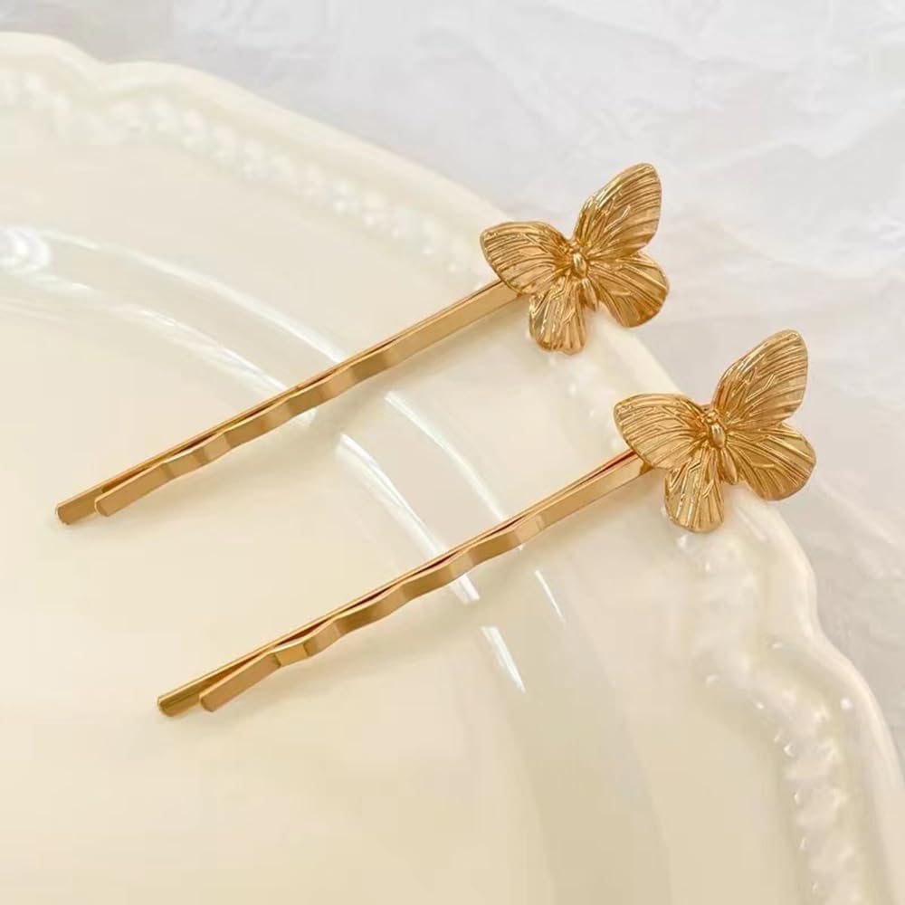 S.A.V.I 1 Pair Golden Butterfly Hair Pins for Women & Girls | Stylish Metal Bobby Pins | Trendy Gold Finish Hair Clips for Bun, Party & Wedding Hairstyles | Elegant Hair Accessories