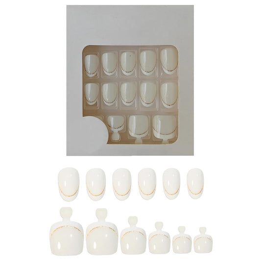 S.A.V.I 48 Pcs Off White French Tip Press On Nails Set for Hands & Feet | Medium Oval & Square Shape | Gold Glitter Line | Reusable Nail Art Kit with Adhesive Tabs & Nail File