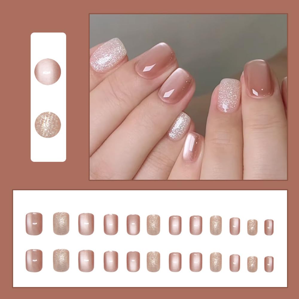 S.A.V.I 24 Pcs Nude Cat's Eye Glossy & Glitter Press On Nails | Short Square Fake Nails with Glue & Adhesive Tabs | Reusable Natural Nail Tips for Women & Girls | DIY Manicure Kit at Home