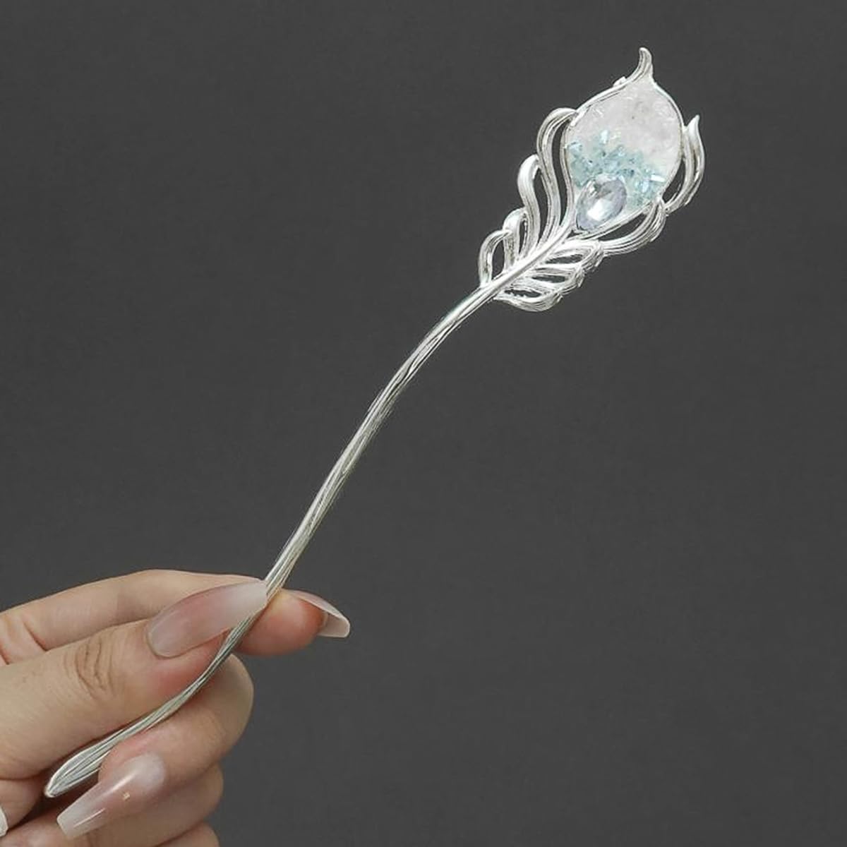 S.A.V.I Silver Peacock Feather Hair Stick for Women | Elegant 16cm Long Hair Pin with Crystal Detailing | Traditional Bun Holder & Party Hair Accessory (1 Pc, 2.7cm Width)