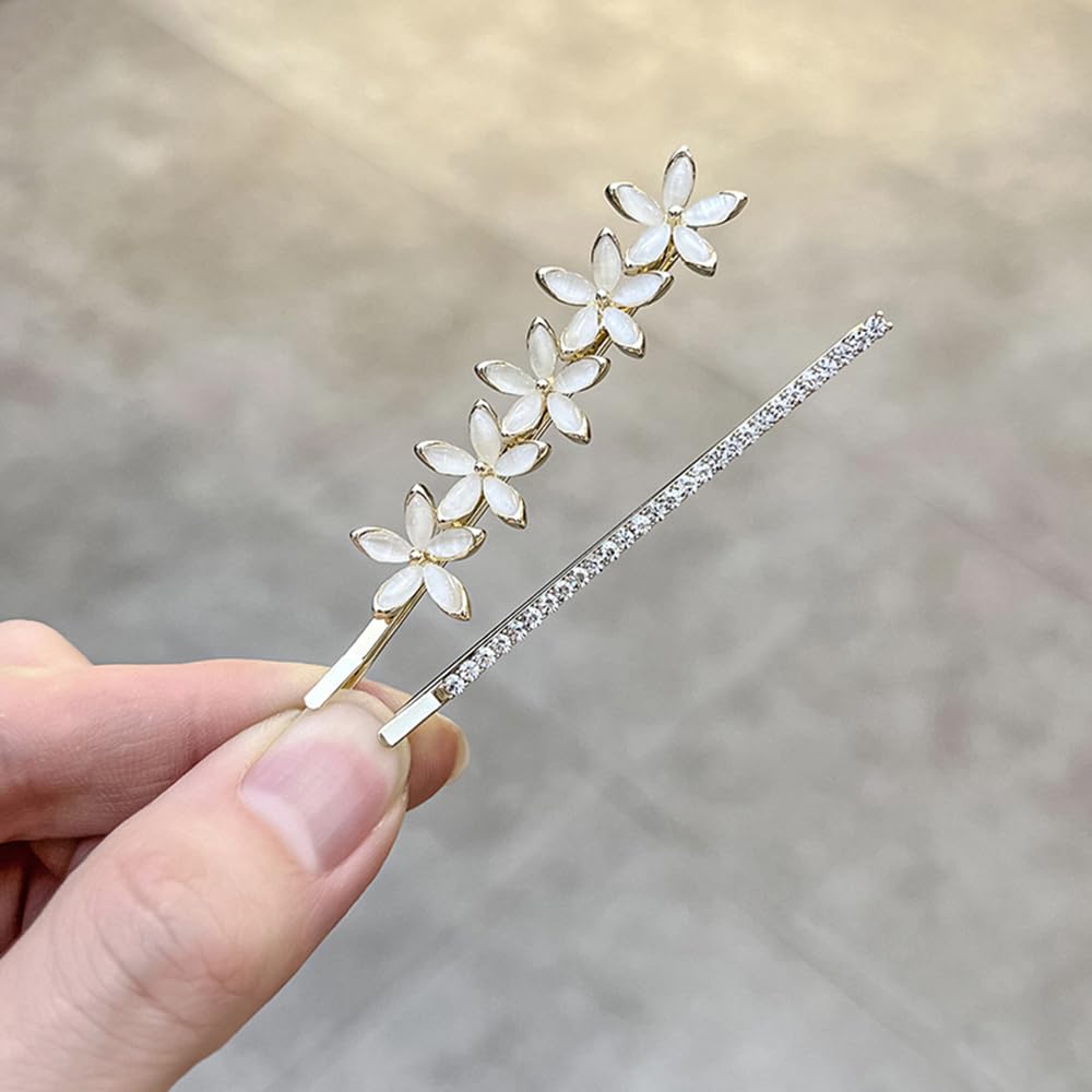 S.A.V.I 1 Pair Gold-Plated Flower Hairpins for Women & Girls | White Floral Hair Clips with Rhinestones | Elegant 7cm Hair Accessories for Wedding, Party & Daily
