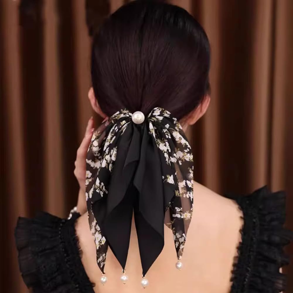 S.A.V.I Black Floral Hair Scrunchie for Women & Girls | Satin & Chiffon Bow with Pearl | Stylish Ponytail Holder | Elegant Rubber Band for Daily, Party & Ethnic | 24x12 cm