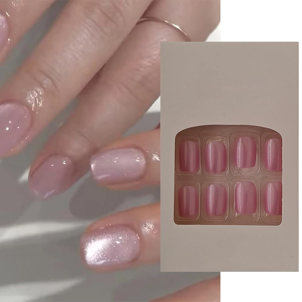 S.A.V.I 24 Pcs Short Natural Shape Pink Cat’s Eye Glossy Fake Nails for Women | Reusable DIY Nail Art Nail Tips with Glue & Adhesive Tabs – Salon-Quality Press On Nails