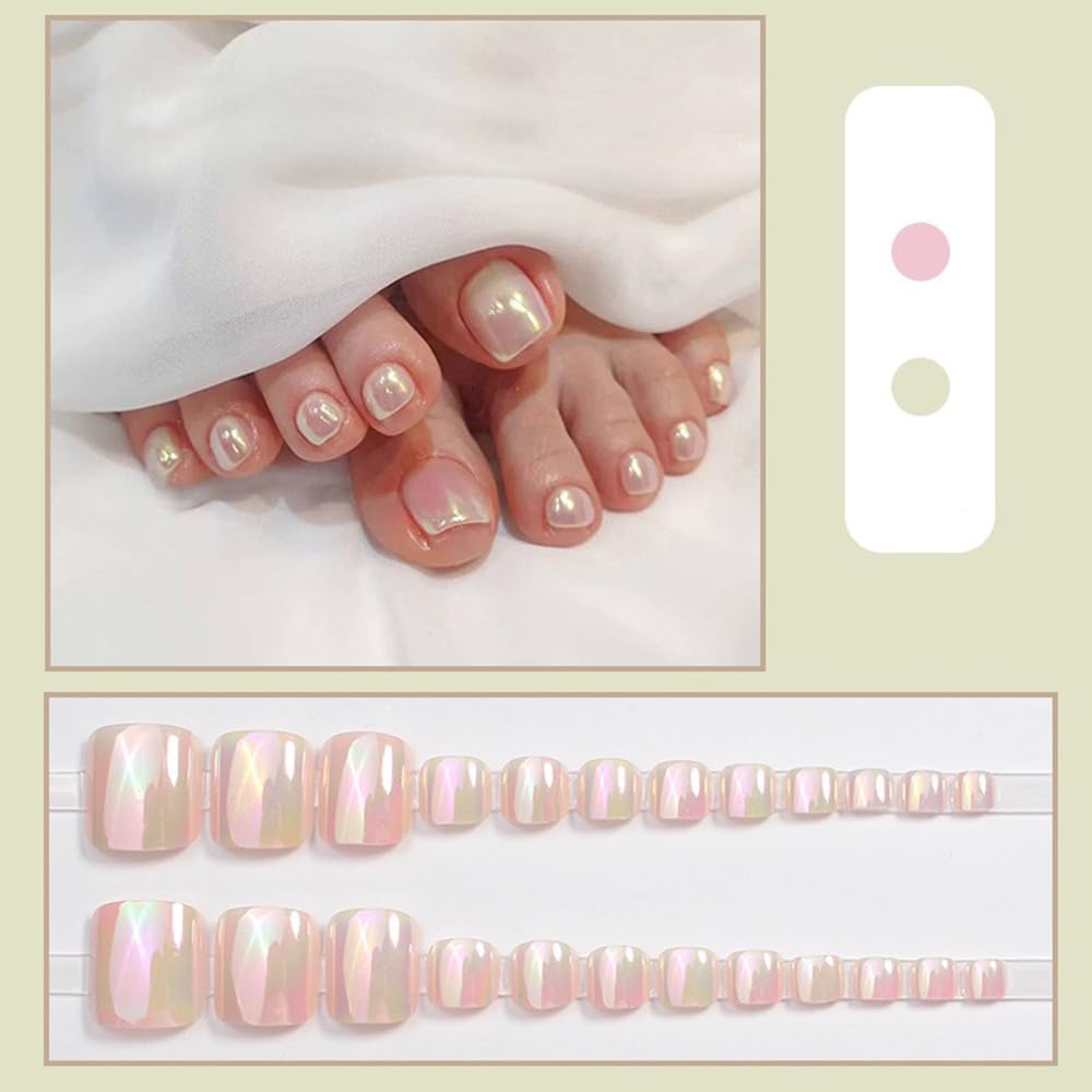S.A.V.I 24 Pcs Aurora Mirror Effect Fake Toe Nails | Reusable Short Square Pedicure Nail Tips with Adhesive Tabs & Glue | Shiny Iridescent Pink Press On Nail Art Set for Women & Girls