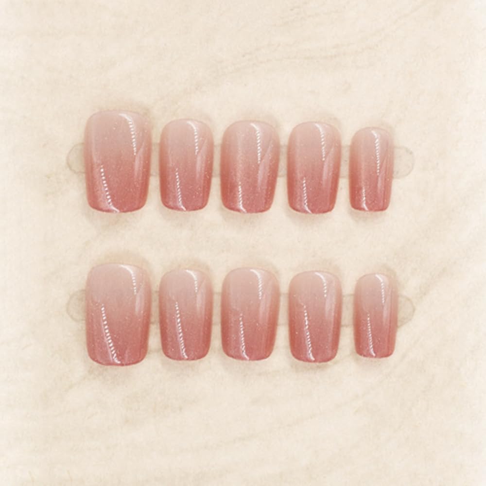 S.A.V.I 24 Pcs Reusable Cat Eye Nude & Blush Gradient Fake Nails | Short Square Press On Nails Kit with Glue & Adhesive Tabs | Glossy Finish DIY Nail Art for Women & Girls