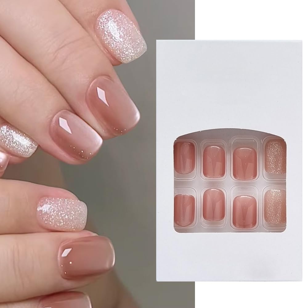 S.A.V.I 24 Pcs Nude Cat's Eye Glossy & Glitter Press On Nails | Short Square Fake Nails with Glue & Adhesive Tabs | Reusable Natural Nail Tips for Women & Girls | DIY Manicure Kit at Home