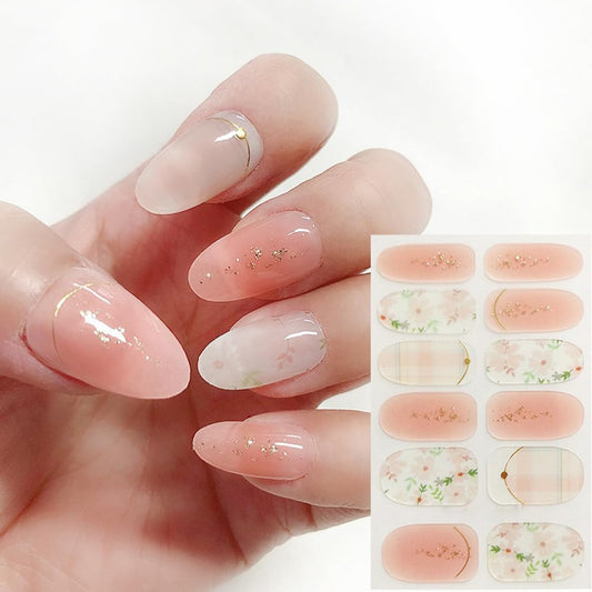 S.A.V.I 12PCS Peach  Glitter Floral Pattern Print Gel Effect Full Nail Stickers | Long-Lasting Nail Art Decoration | Easy Application | Trendy Manicure for All Occasions