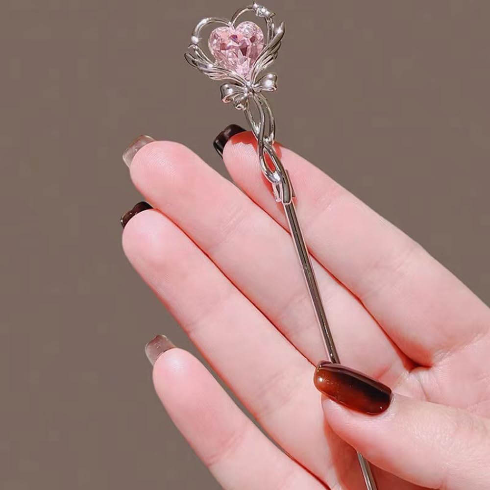 S.A.V.I Silver Hair Bun Stick Pin for Women & Girls | 18.2cm Metal Hairpin with Pink Heart Rhinestone | Butterfly Bow Design | Stylish Juda Stick for Party, Wedding, Traditional Look