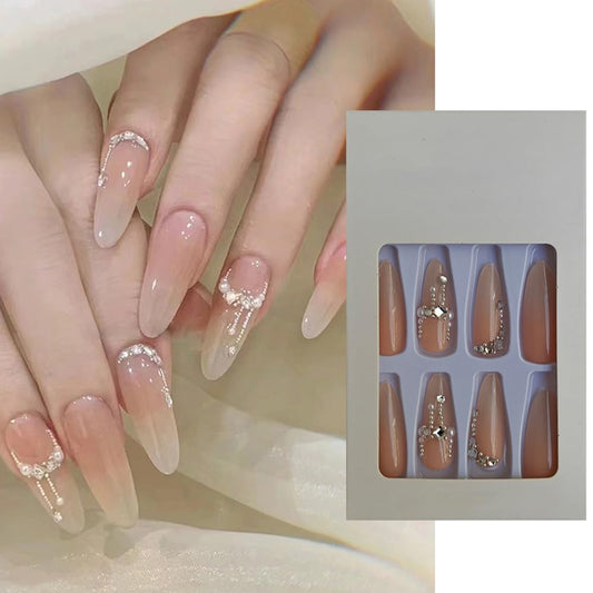 S.A.V.I 24 Pcs Long Nude Press-On Nails with Rhinestones  Pearls | Reusable False Nails with Glue  Adhesive Tabs | Elegant Artificial Nail Set for Women  Girls | DIY Manicure at Home | Salon-Quality Look