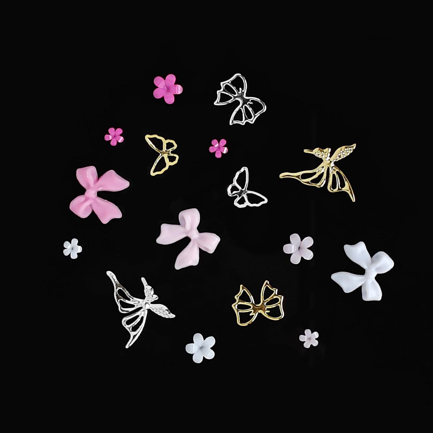 S.A.V.I 12-Grid 3D Nail Art Decorations Set – Gold & Silver Alloy Bows, Butterflies, Pink/White Flowers, Multi-Colour Bows – DIY Nail Extension & Manicure Accessories for Salon & Home Use