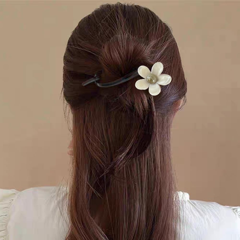 S.A.V.I Elegant 11cm Hair Clip for Women & Girls | White Flower with Pearl Center | Brown Tortoiseshell Acrylic Barrette | Stylish Floral Hair Accessory for Party, Ethnic & Daily