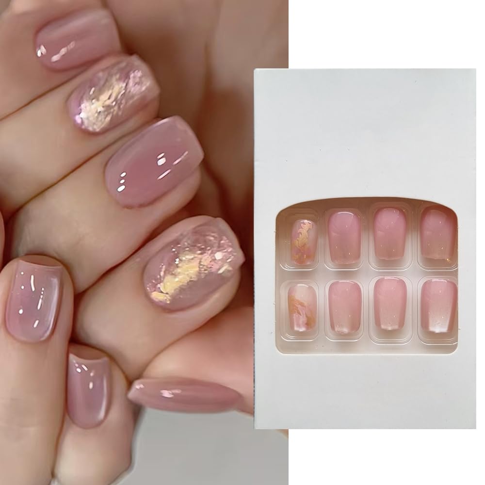 S.A.V.I 30 Pcs Pink Cat’s Eye Press-On Nails | Medium Coffin Shape Fake Nails with Marble Foil Design | Glossy Reusable Nail Tips for Women & Girls | With Adhesive Tabs & Nail Glue