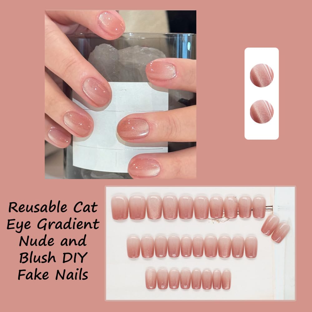 S.A.V.I 24 Pcs Reusable Cat Eye Nude & Blush Gradient Fake Nails | Short Square Press On Nails Kit with Glue & Adhesive Tabs | Glossy Finish DIY Nail Art for Women & Girls