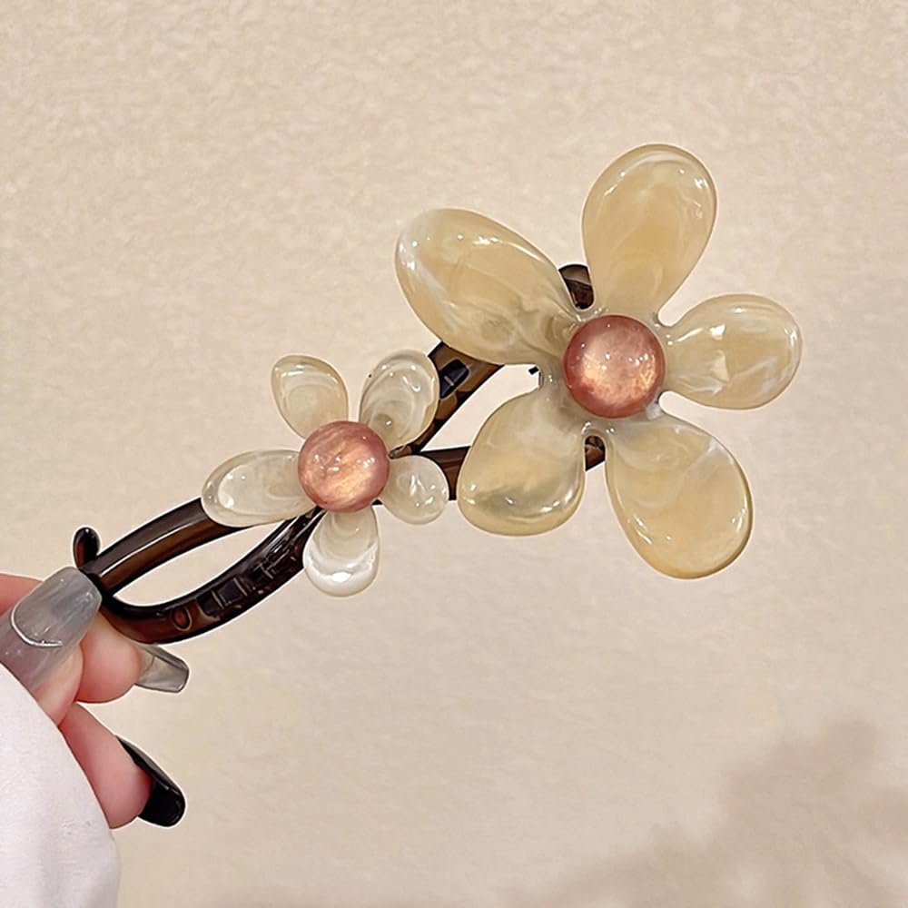 S.A.V.I Stylish Floral Hair Clip for Women & Girls | 13cm Beige & Pink Acrylic Flower Clutcher | Strong Grip Hair Accessory for Long, Medium Hair | Elegant for Party, Daily & Casual