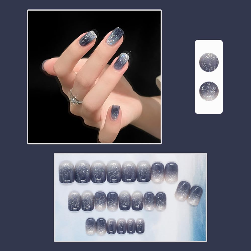 S.A.V.I 24 Pcs Press-On Nails for Women – Gradient Grey & Navy Blue Short Fake Nails with Glitter | Glossy Natural Shape Reusable Nail Art Kit | Includes Nail Glue & Adhesive Tabs | DIY Manicure