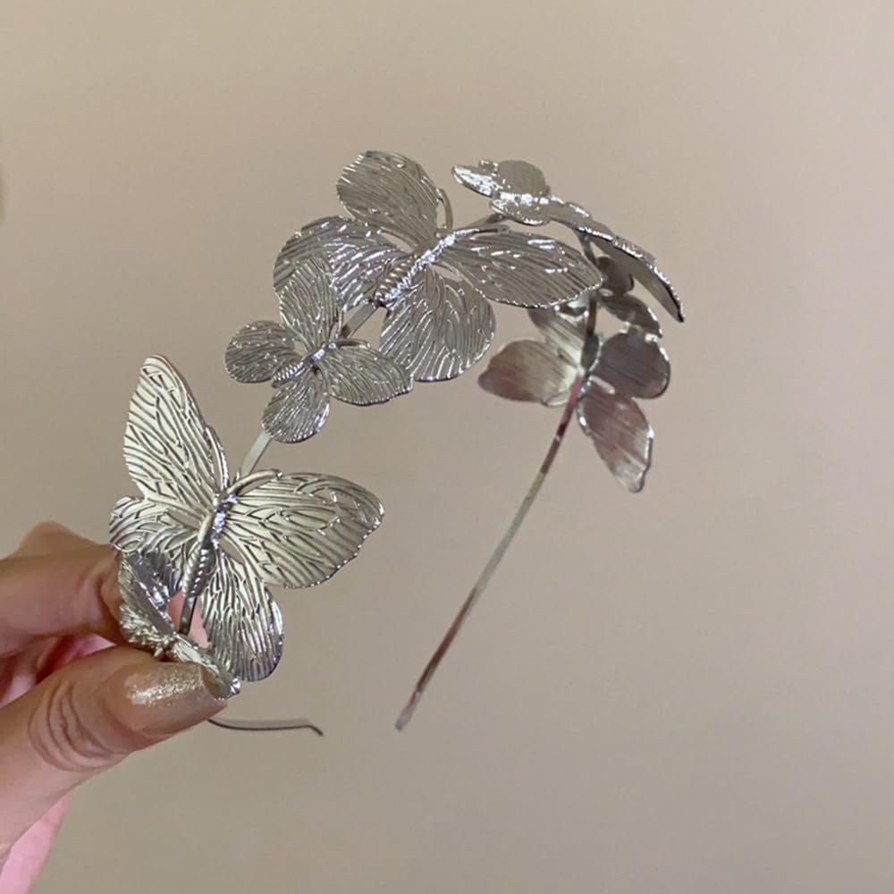 S.A.V.I Silver Butterfly Hairband for Women & Girls | Lightweight Metal Headband with 3D Textured Design | Stylish Party, Wedding & Festive Hair Accessory (14.5cm) (Silver, Onesize)
