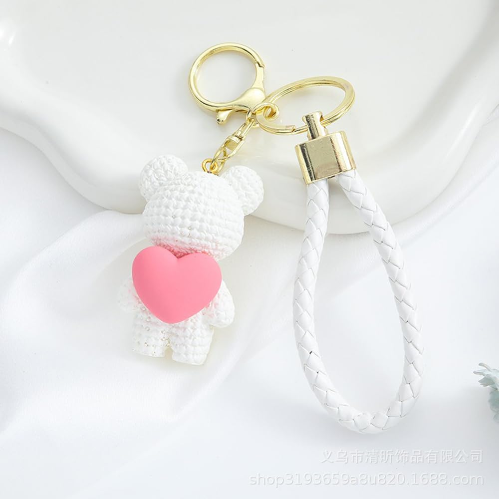 S.A.V.I Cute White Bear Keychain with Pink Heart Charm | Resin Teddy Pendant (6.2cm) | Braided PU Leather Wrist Strap & Gold Ring | Stylish Key Holder for Girls, Women & Accessories (White)