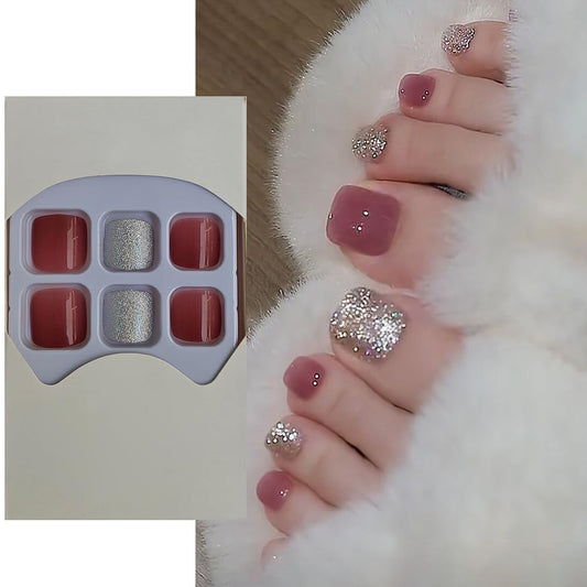 S.A.V.I 24 PCs Pink  Gold Glitter Press-On Toe Nails | Short Natural Shape | Reusable Fake Toenails for Women | Easy Application | Salon Finish Nail Art Set for Party | Trendy  Durable