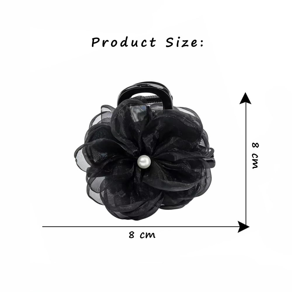 S.A.V.I Black Flower Hair Claw Clip for Women & Girls | Pearl Centered Floral Hair Accessory | 8cm Stylish Hair Clip for Bun, Party, Wedding & Daily | Elegant Hair Styling Clip