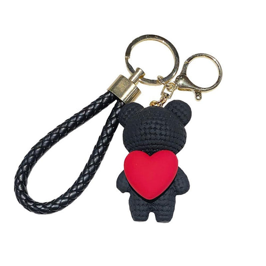 S.A.V.I Cute Pink Bear Keychain with Heart Charm | Resin Mini Teddy Pendant 6cm | Braided PU Leather Wrist Strap | Lightweight Gold Key Ring for Girls, Women (Black)