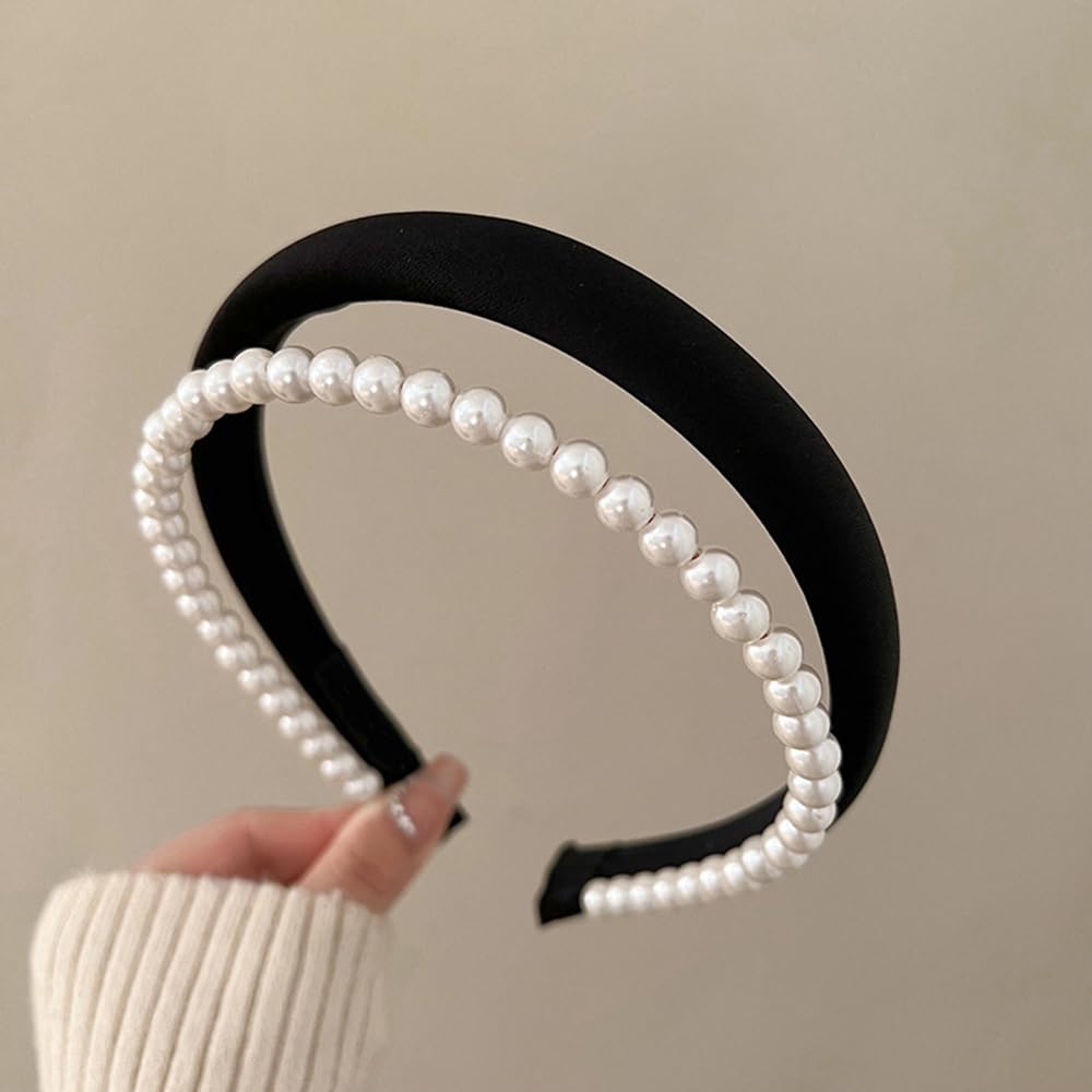 S.A.V.I Women's Black Velvet Hairband with Faux Pearls | Wide Padded Headband for Girls & Women | Elegant Hair Accessory for Wedding, Party & Daily | Comfortable & Stylish Look